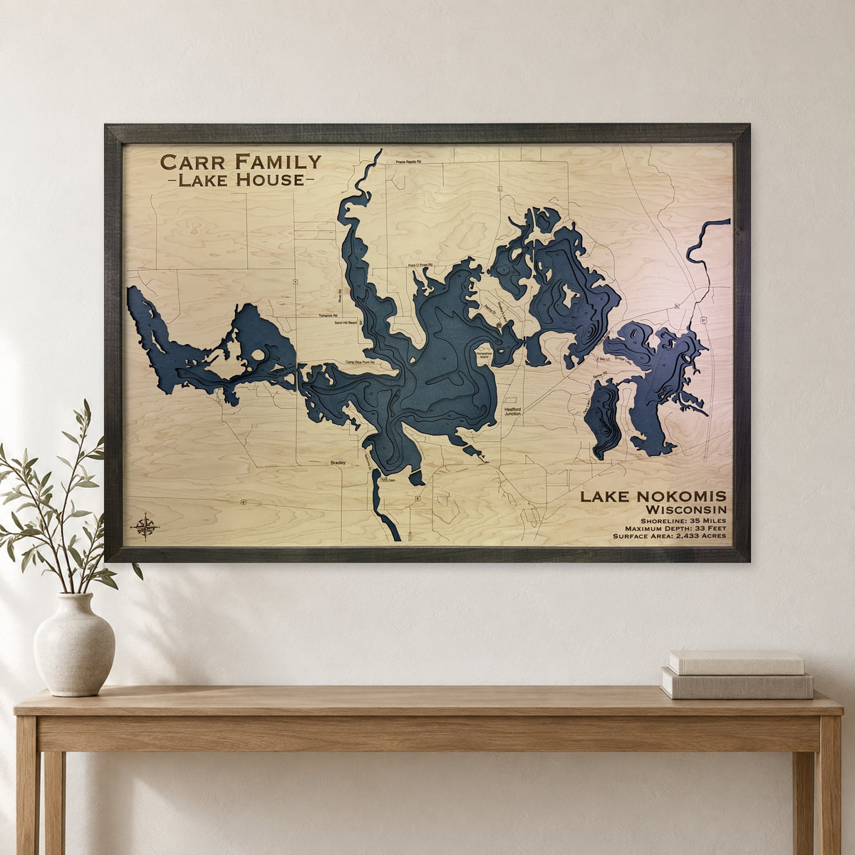 Nokomis Carr wood map — multilayer, staged room mockup