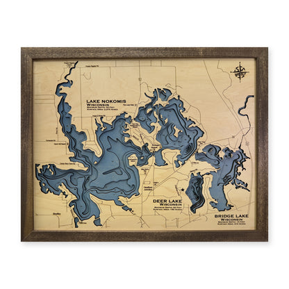 Nokomis Deer Bridge wood map — multilayer, white background