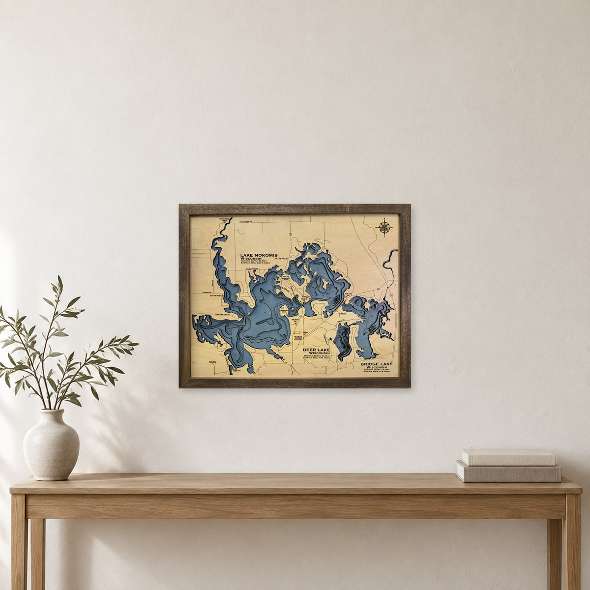 Nokomis Deer Bridge wood map — multilayer, staged room mockup