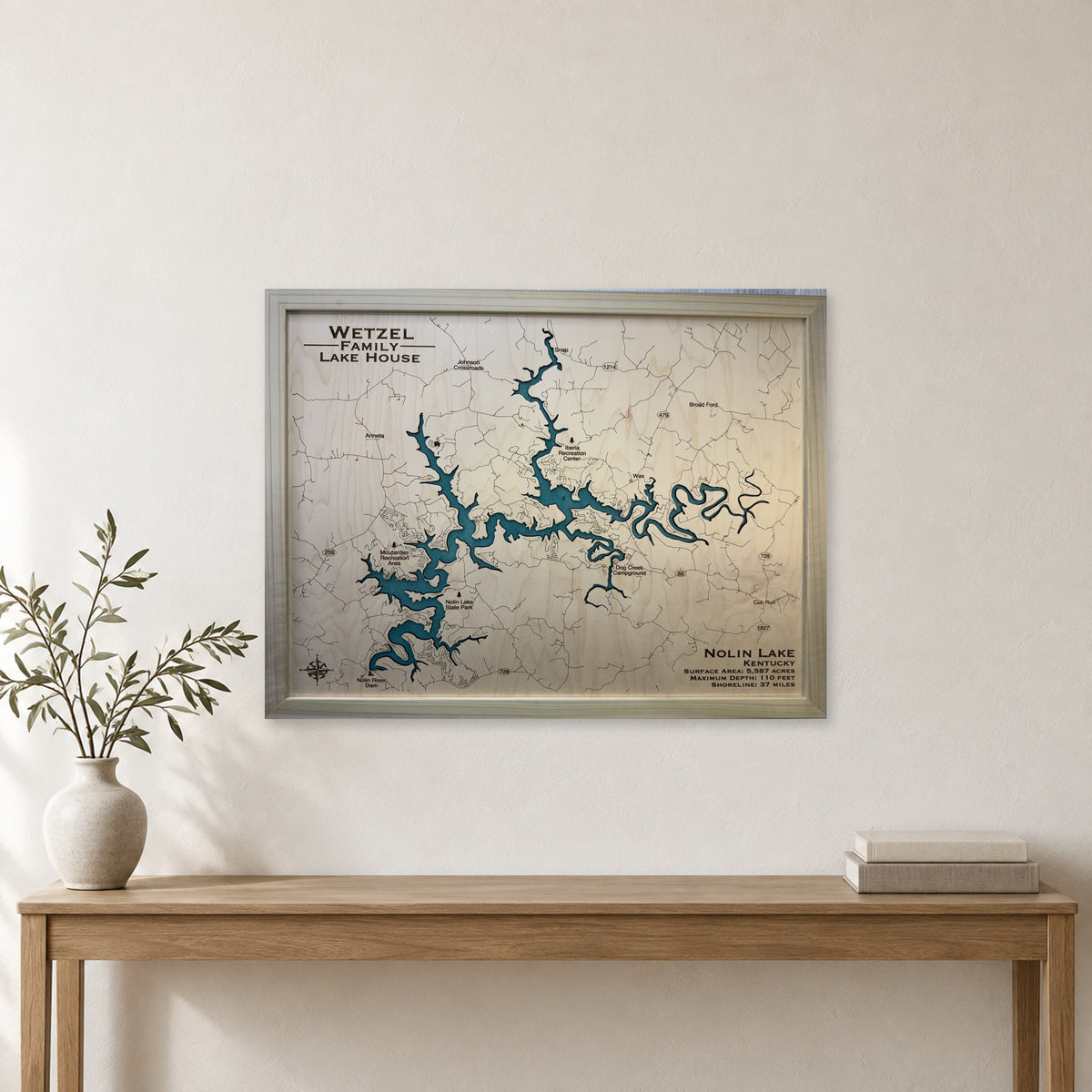 Nolin Wetzel wood map — single layer, staged room mockup