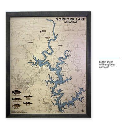 Norfork Fish wood map — single layer with engraved contours, layer option shown