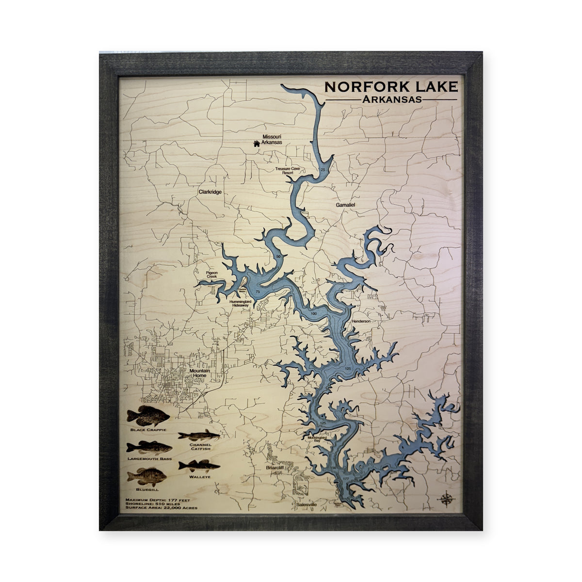 Norfork Fish wood map — single layer with engraved contours, white background