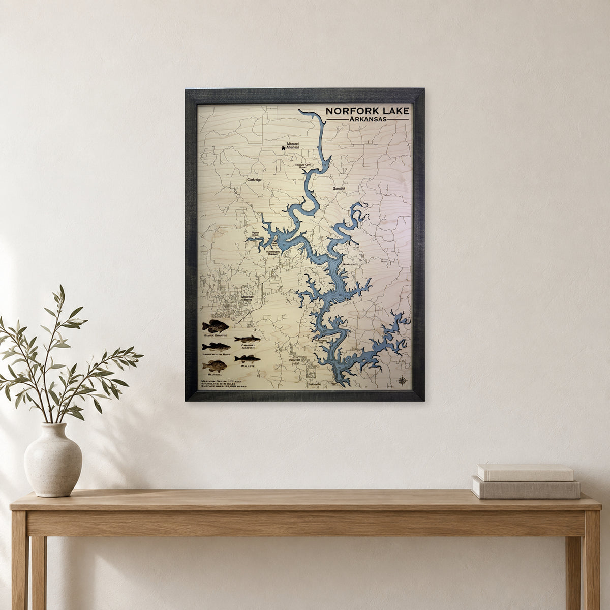 Norfork Fish wood map — single layer with engraved contours, staged room mockup