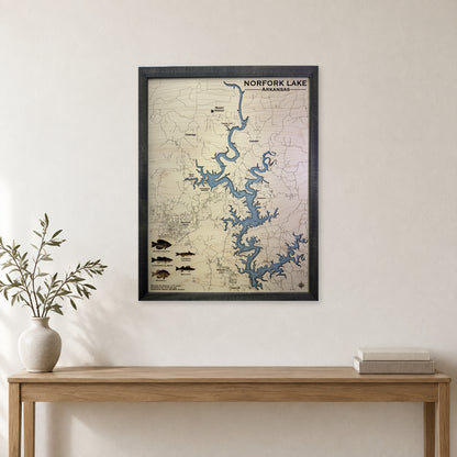 Norfork Fish wood map — single layer with engraved contours, staged room mockup
