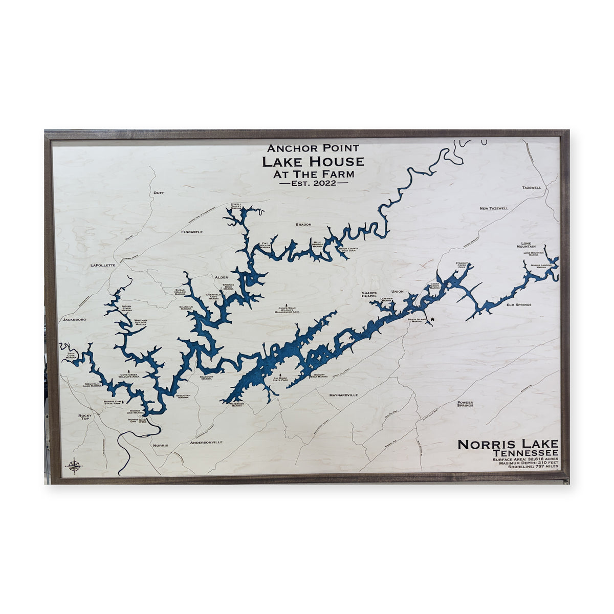 Norris Anchor Point wood map — single layer with engraved contours, white background