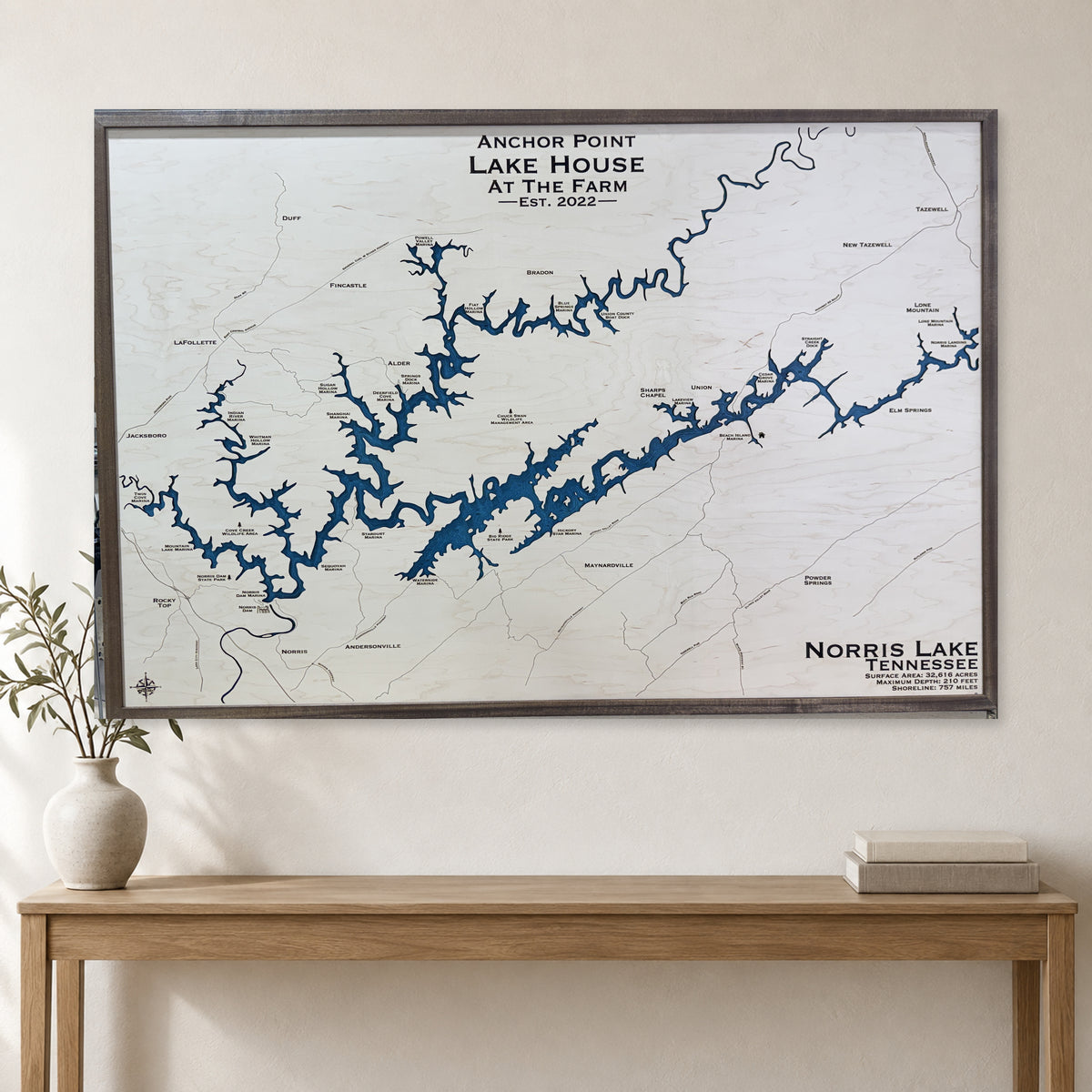 Norris Anchor Point wood map — single layer with engraved contours, staged room mockup