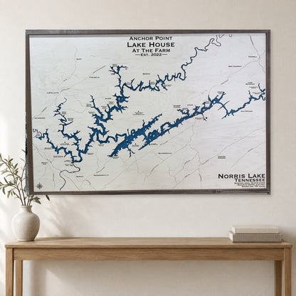 Norris Anchor Point wood map — single layer with engraved contours, staged room mockup