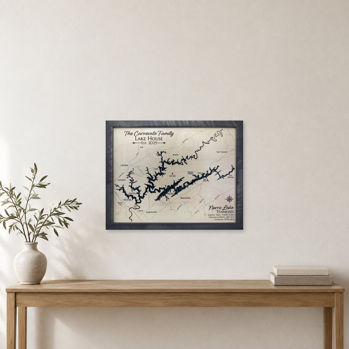 Norris Carnevale wood map — multilayer, staged room mockup