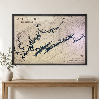 Norris Charcoal Engraved wood map — single layer with engraved contours, staged room mockup