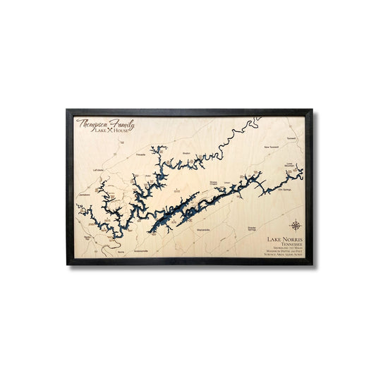 Custom Lake Norris wooden map with dark blue water layers and a black frame. 