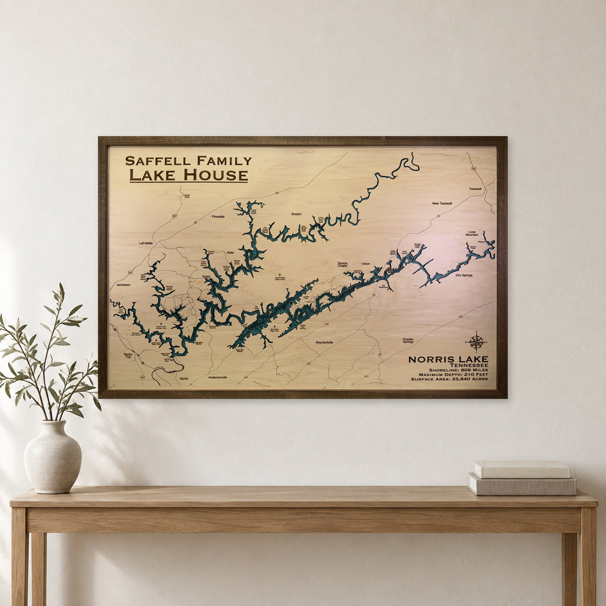 Norris Saffell wood map — multilayer, staged room mockup
