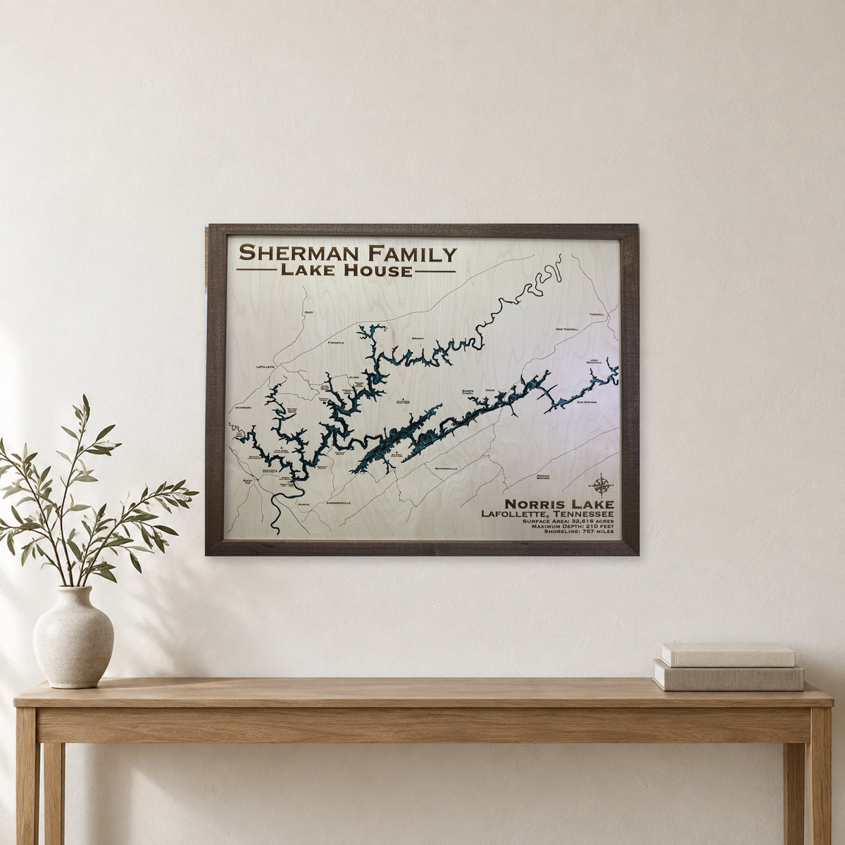Norris Sherman wood map — multilayer, staged room mockup