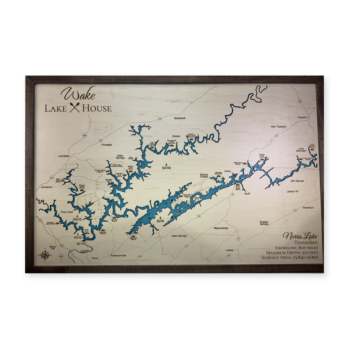 Norris Wake Lake House wood map — single layer, white background