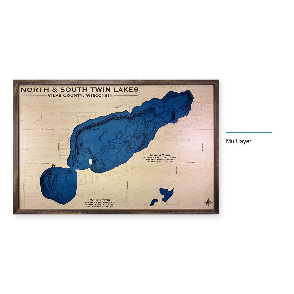 North South Twin Walnut wood map — multilayer, layer option shown