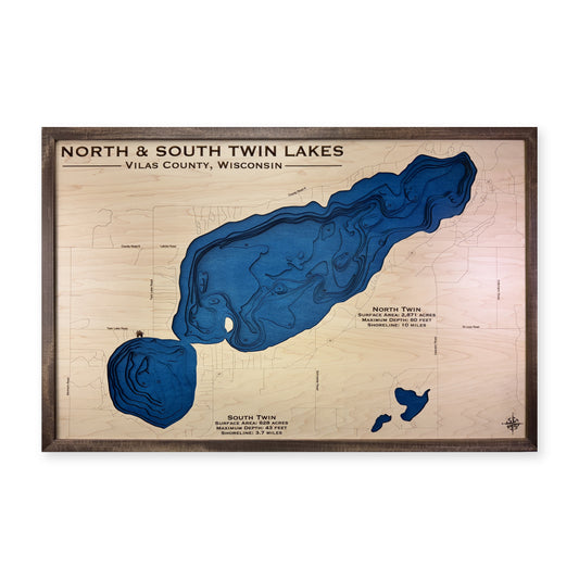North South Twin Walnut wood map — multilayer, white background