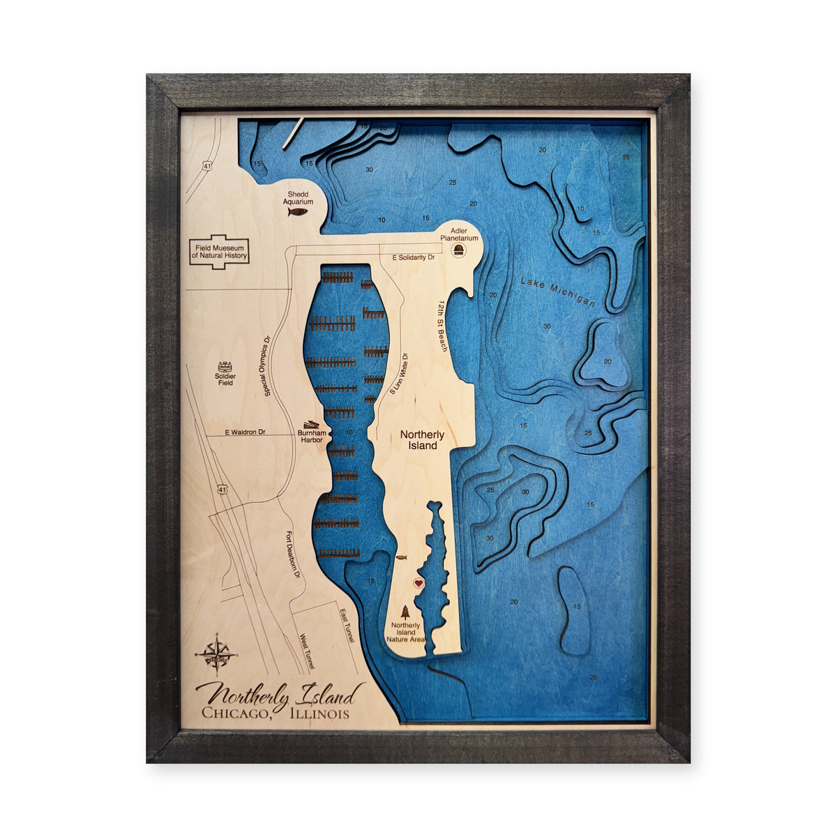 Northerly Island wood map — multilayer, white background