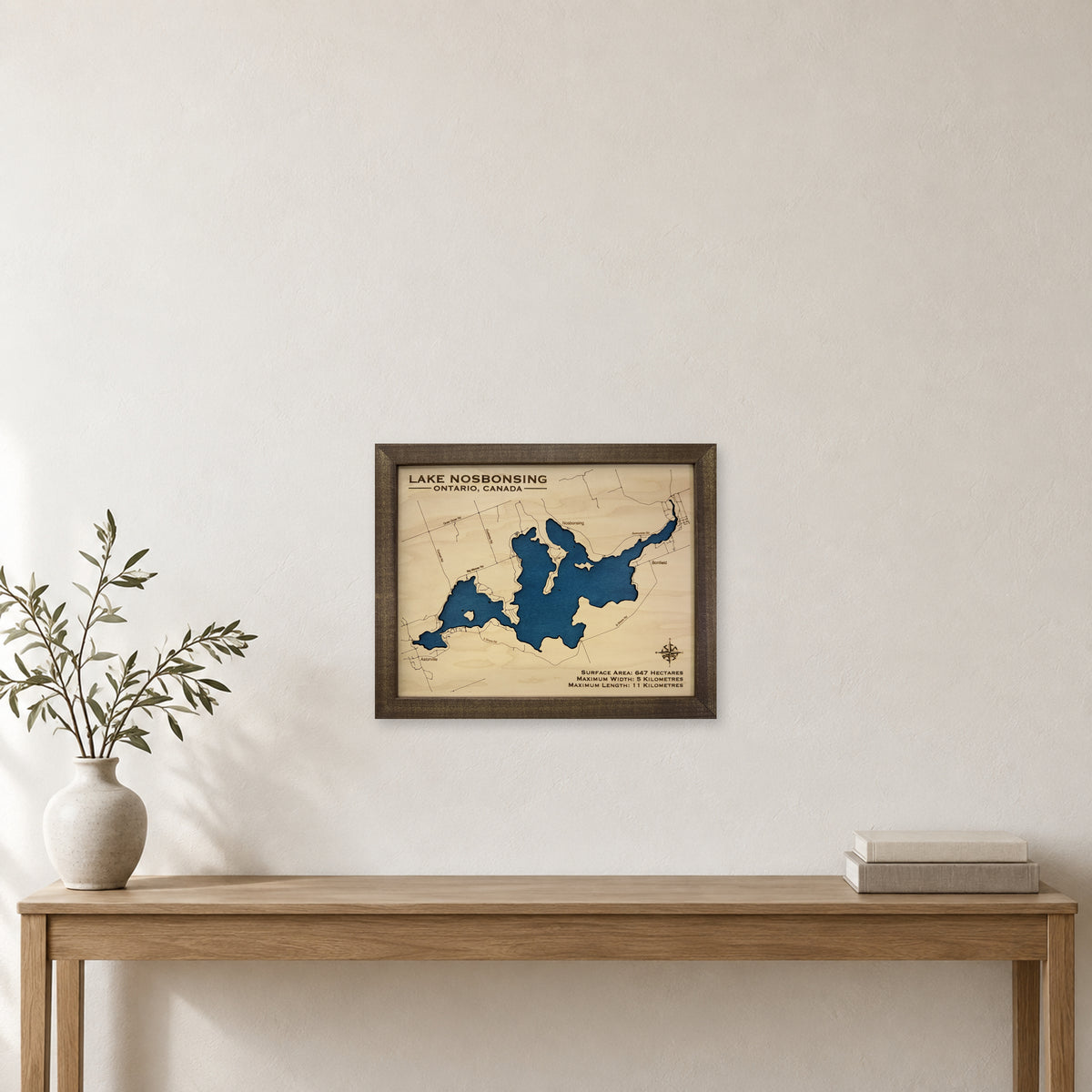 Nosbonsing Walnut wood map — single layer, staged room mockup
