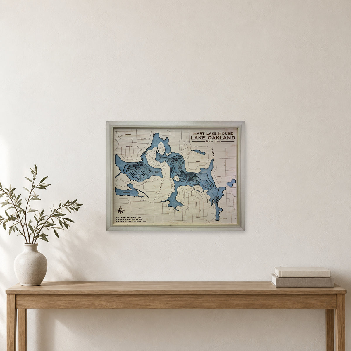 Oakland Hart wood map — multilayer, staged room mockup