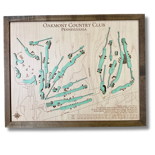 3D wooden map of Oakmont Country Club with green-stained greens. 