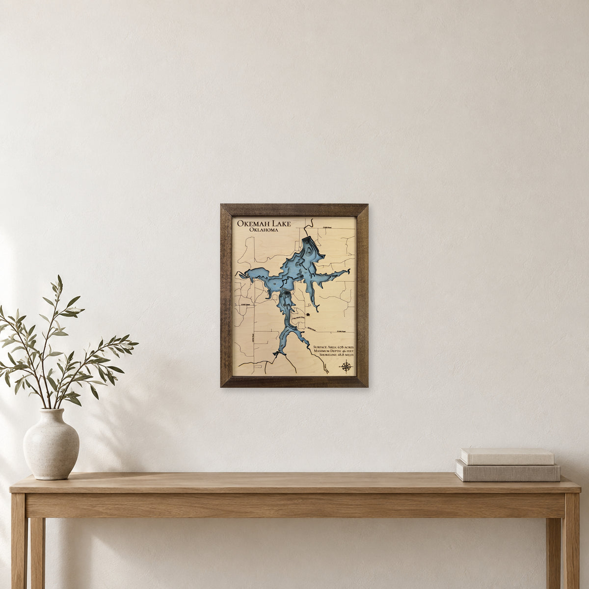 Okemah Lake wood map — multilayer, staged room mockup