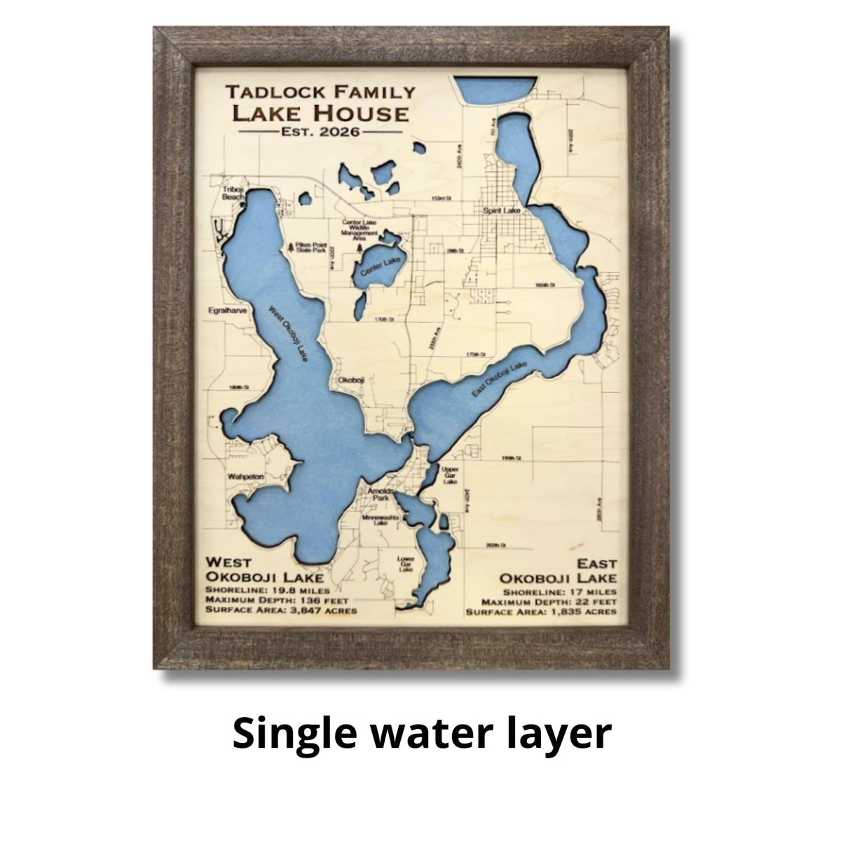 Single water layer map of Okoboji Lakes. 