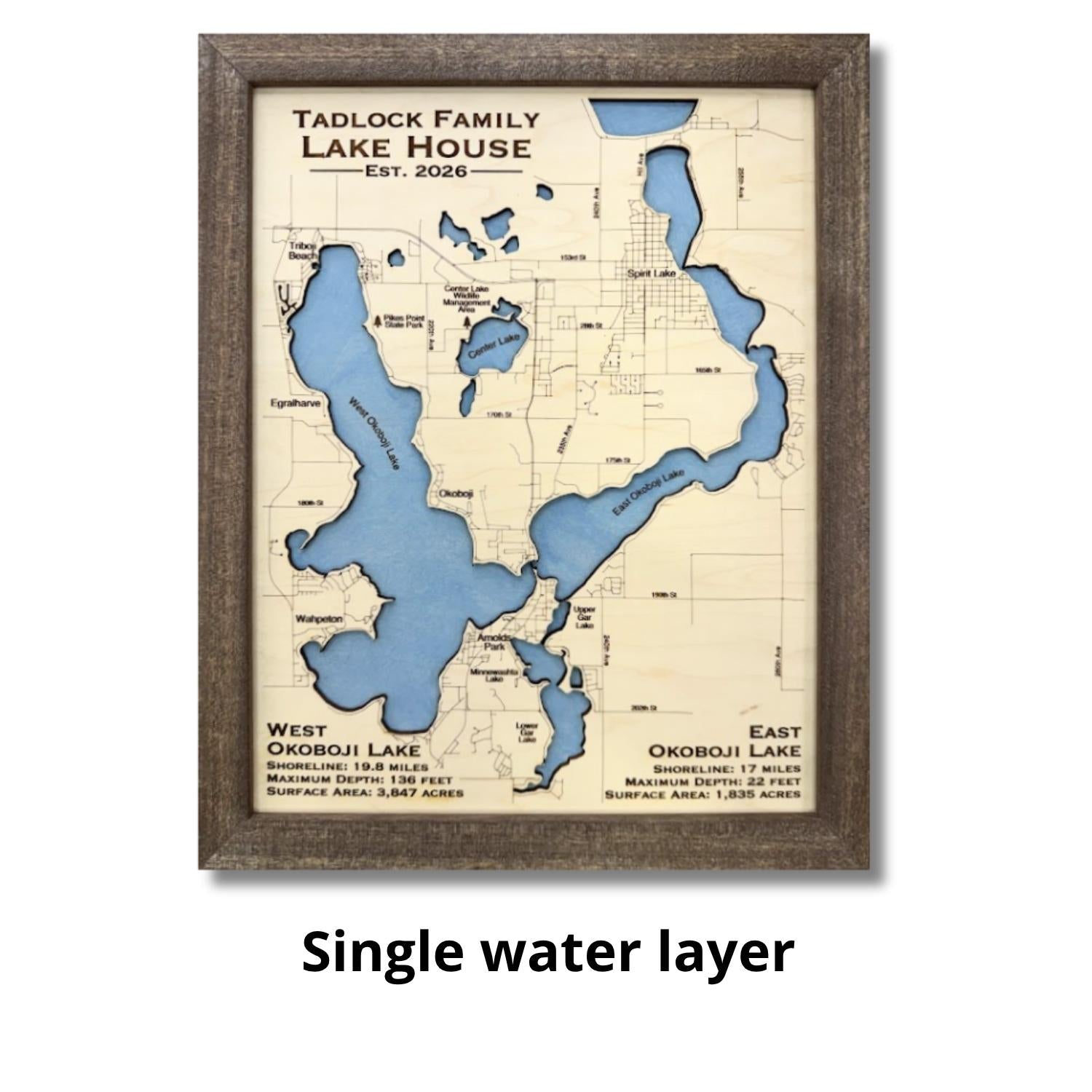 Single water layer map of Okoboji Lakes. 