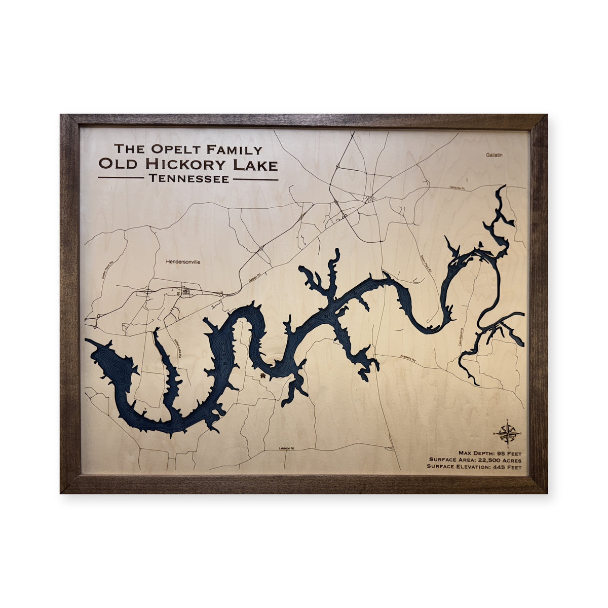 Old Hickory Opelt wood map — single layer with engraved contours, white background