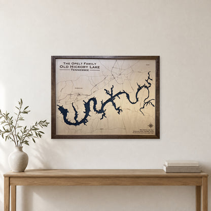 Old Hickory Opelt wood map — single layer with engraved contours, staged room mockup