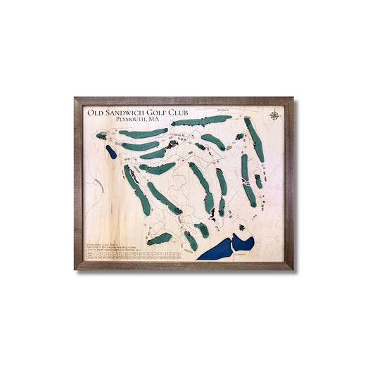 Framed wooden golf map of Old Sandwich Golf Club on a white background.