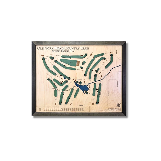 Framed wooden golf map of Old York Road Country Club on a white background.