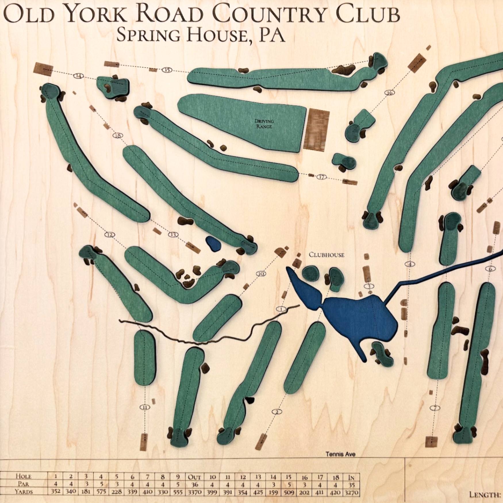 Close up of wooden golf course map with green fairways, blue water hazards, and engraved text. 