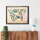 Framed wooden map of Old York Road Country Club on a wall above a wooden console table.
