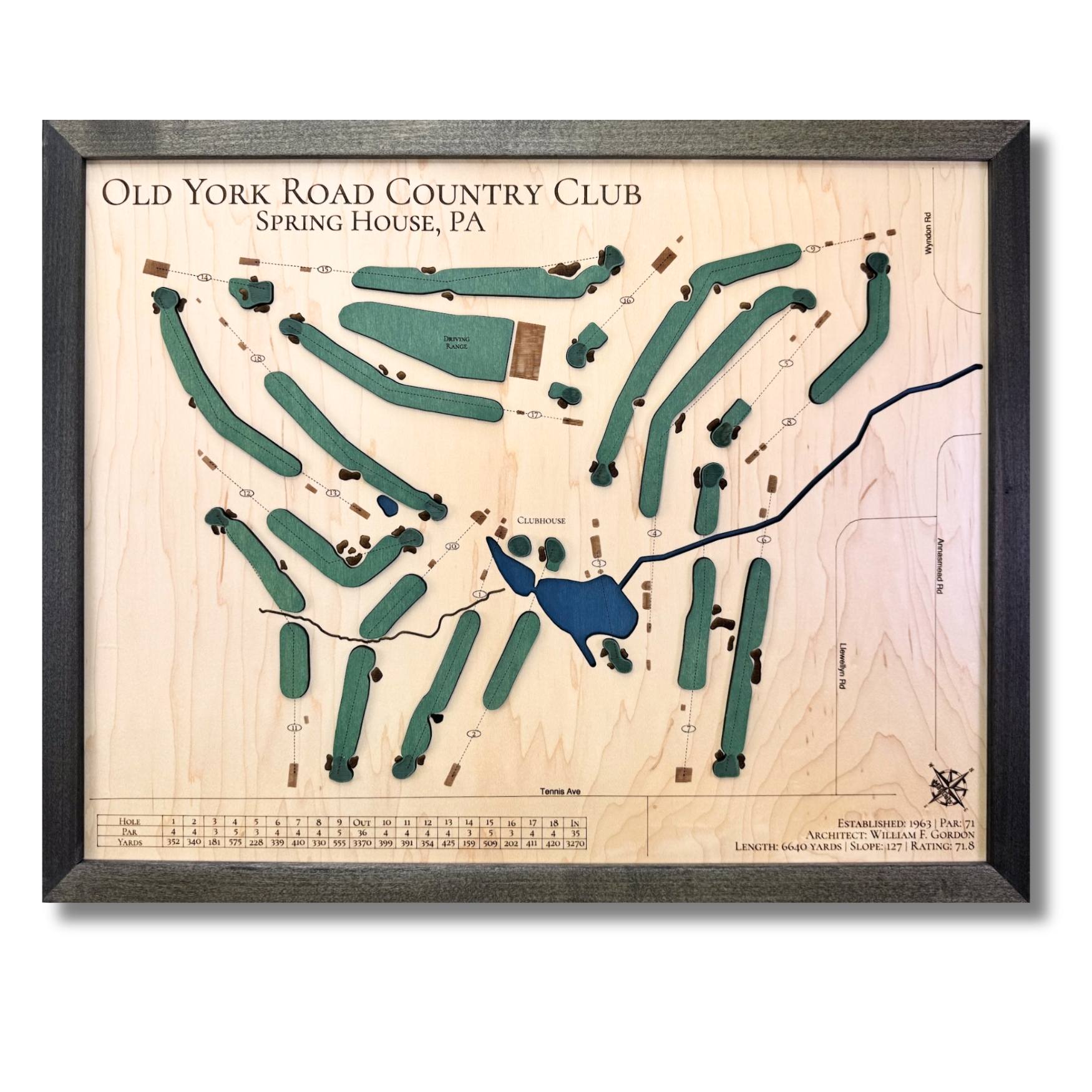 Wooden map of Old York Road Country Club with green golf course layout and black frame.