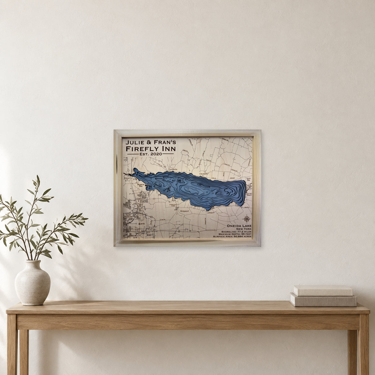 Oneida Firefly wood map — multilayer, staged room mockup
