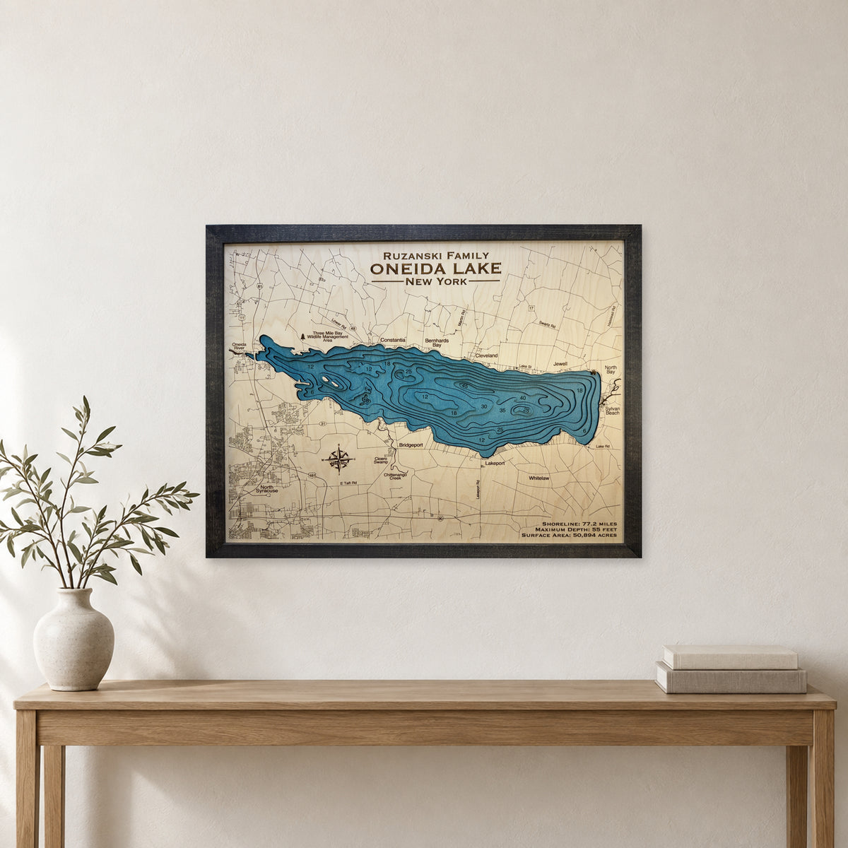 Oneida Ruzanski wood map — multilayer, staged room mockup