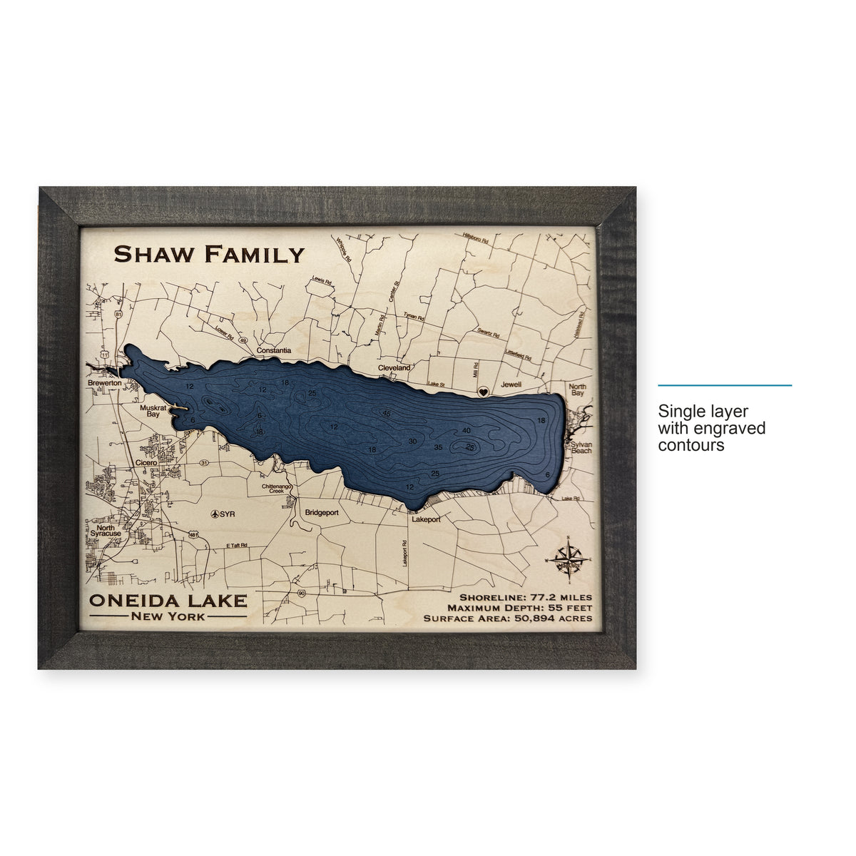 Oneida Shaw wood map — single layer with engraved contours, layer option shown