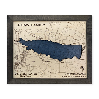 Oneida Shaw wood map — single layer with engraved contours, white background