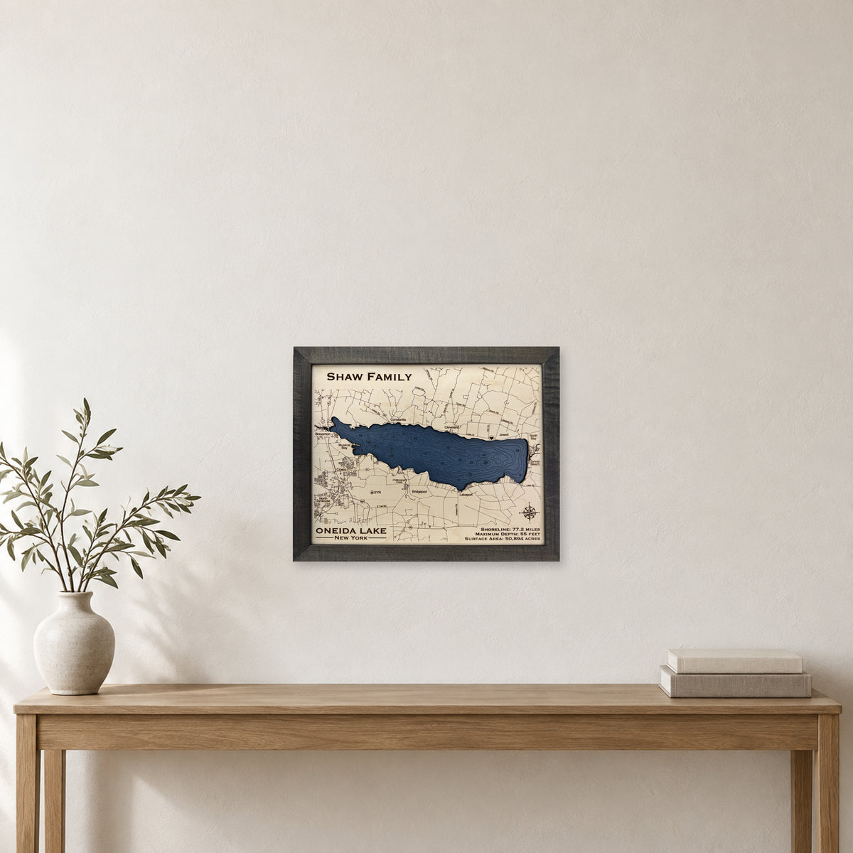 Oneida Shaw wood map — single layer with engraved contours, staged room mockup