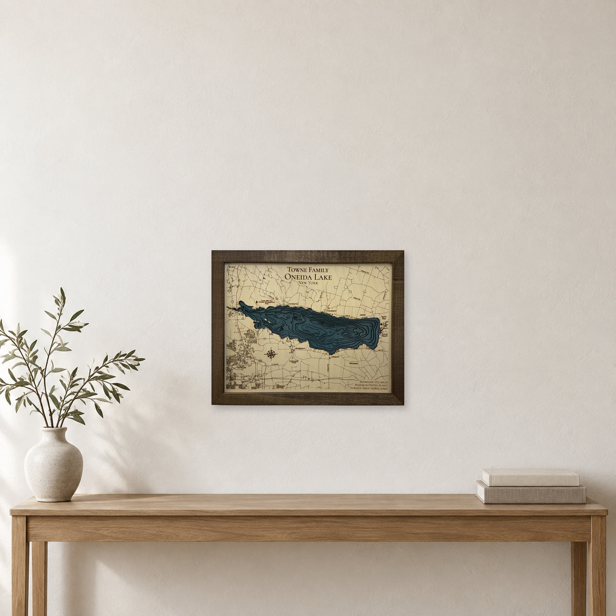 Oneida Towne wood map — multilayer, staged room mockup
