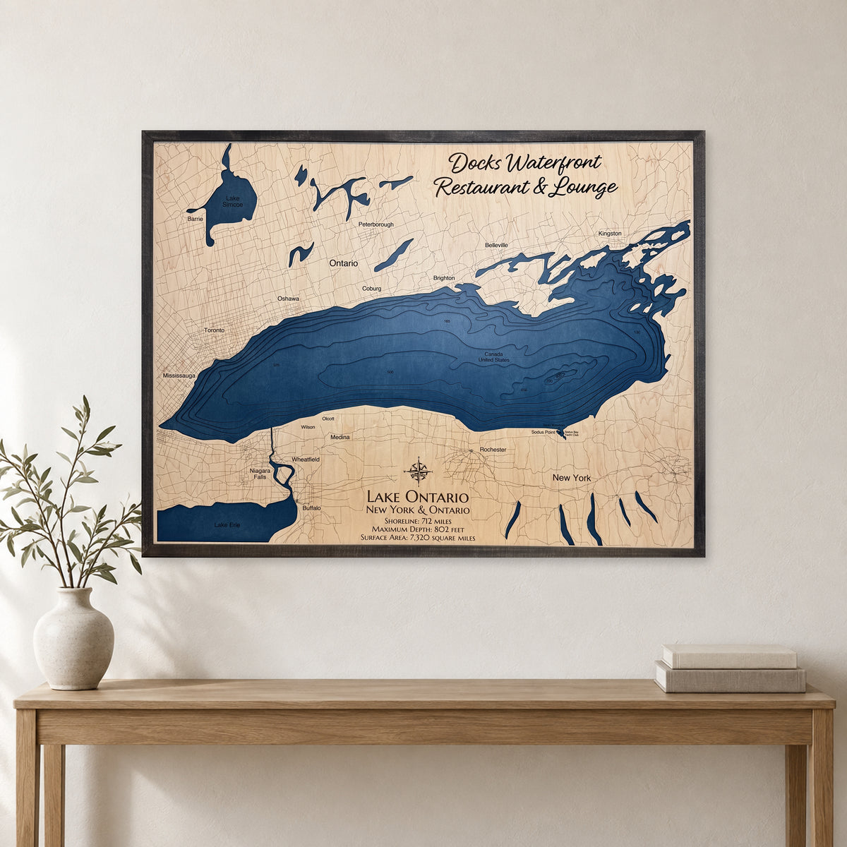 Ontario Docks Waterfront wood map — multilayer, staged room mockup