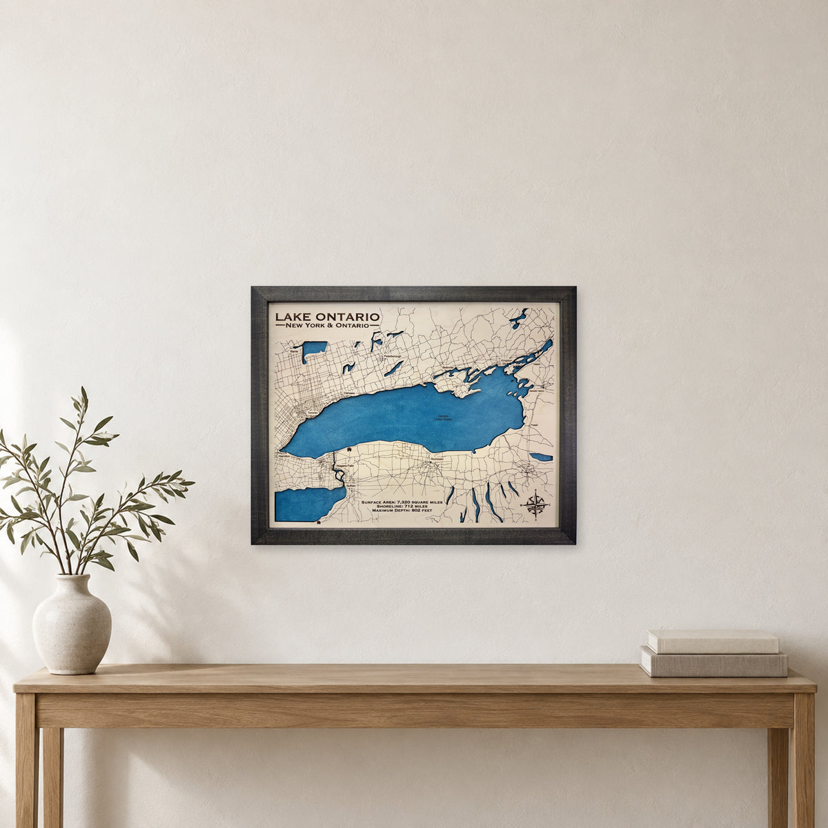 Ontario Pizarro wood map — single layer, staged room mockup