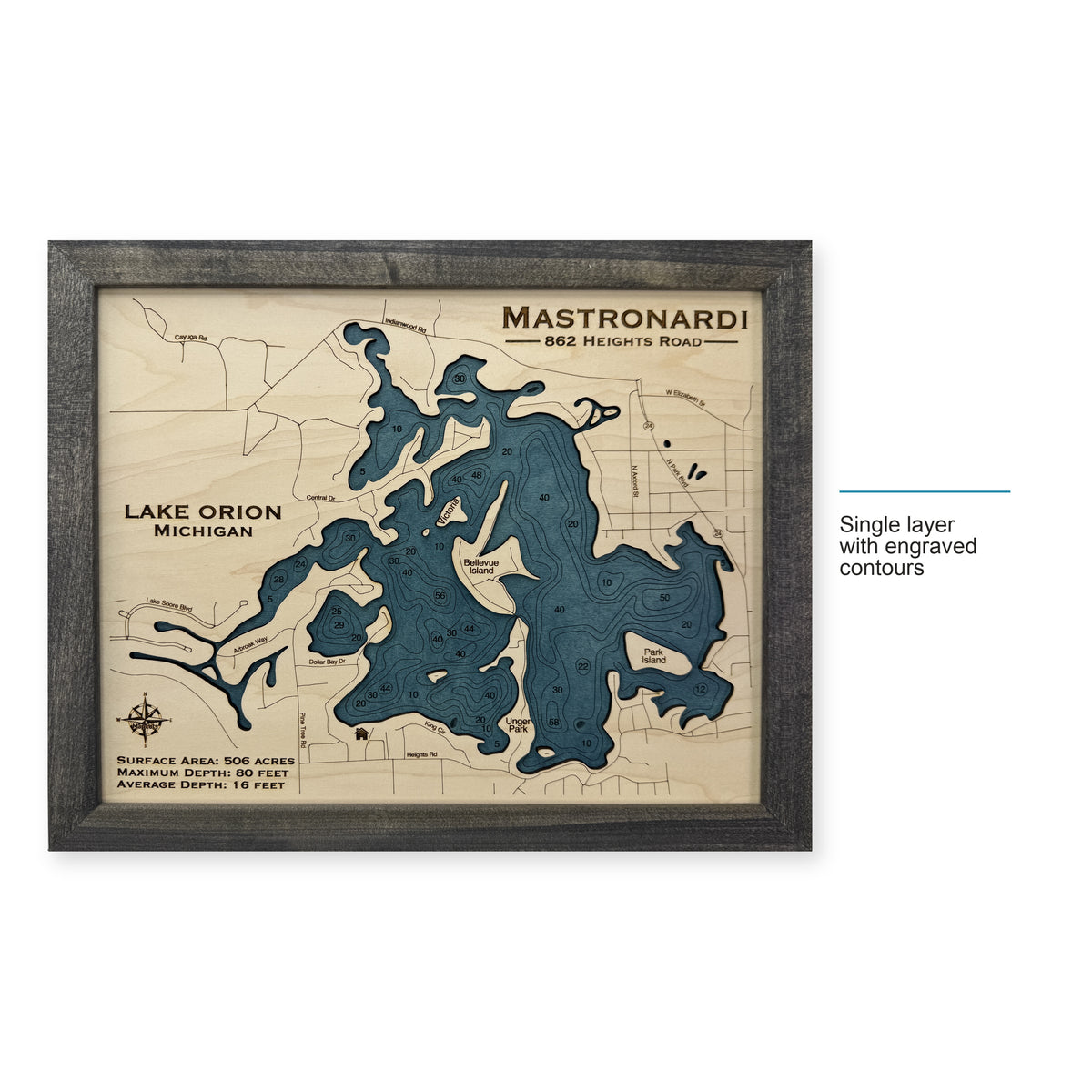 Orion Mastronardi wood map — single layer with engraved contours, layer option shown