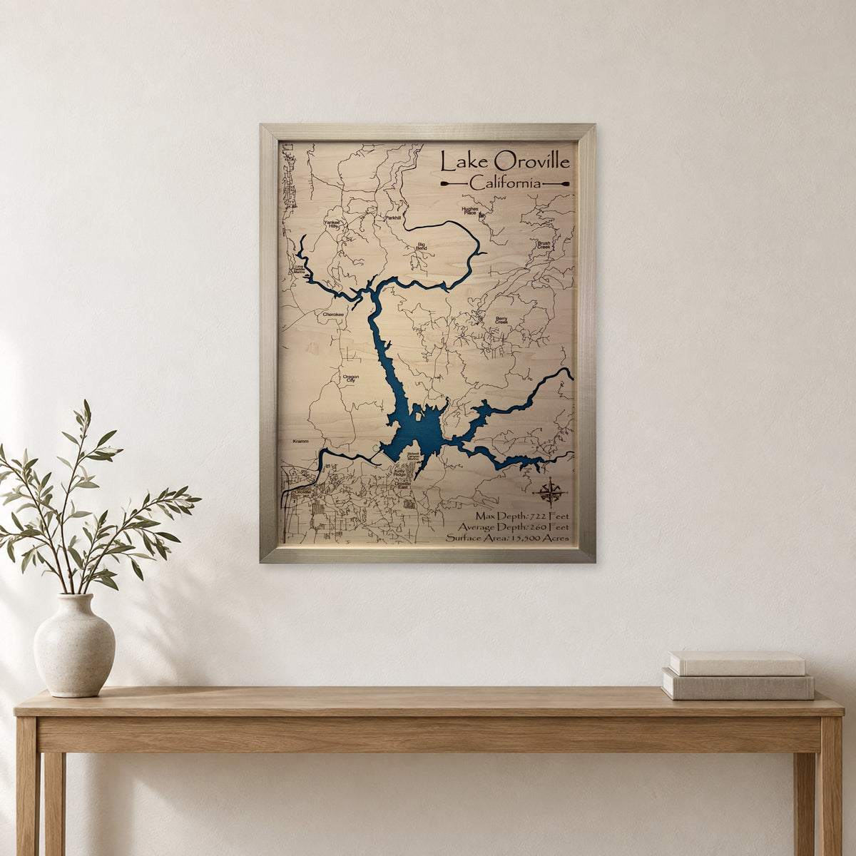 Oroville Natural wood map — single layer, staged room mockup