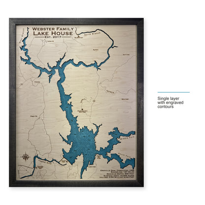 Oroville Webster wood map — single layer with engraved contours, layer option shown