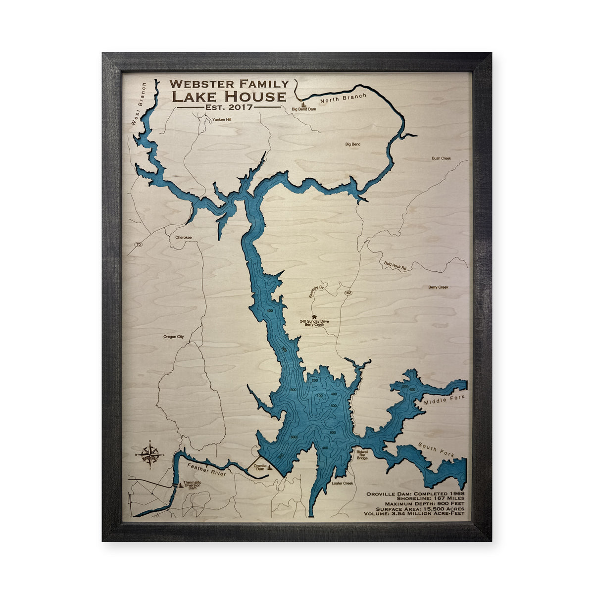 Oroville Webster wood map — single layer with engraved contours, white background