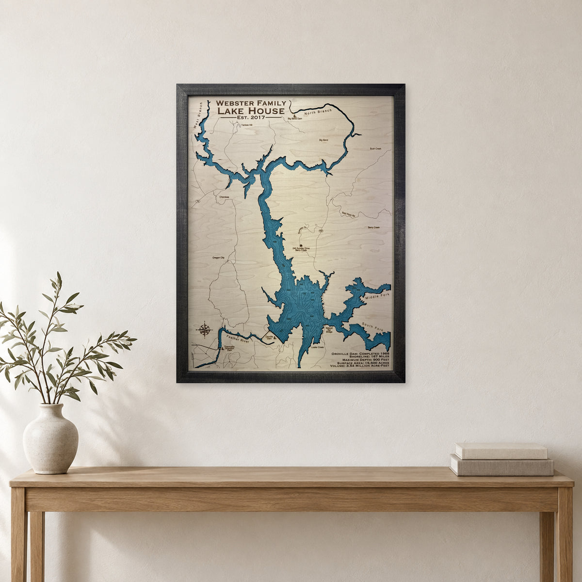 Oroville Webster wood map — single layer with engraved contours, staged room mockup