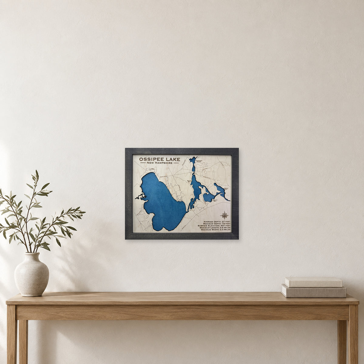 Ossipee Black wood map — single layer, staged room mockup