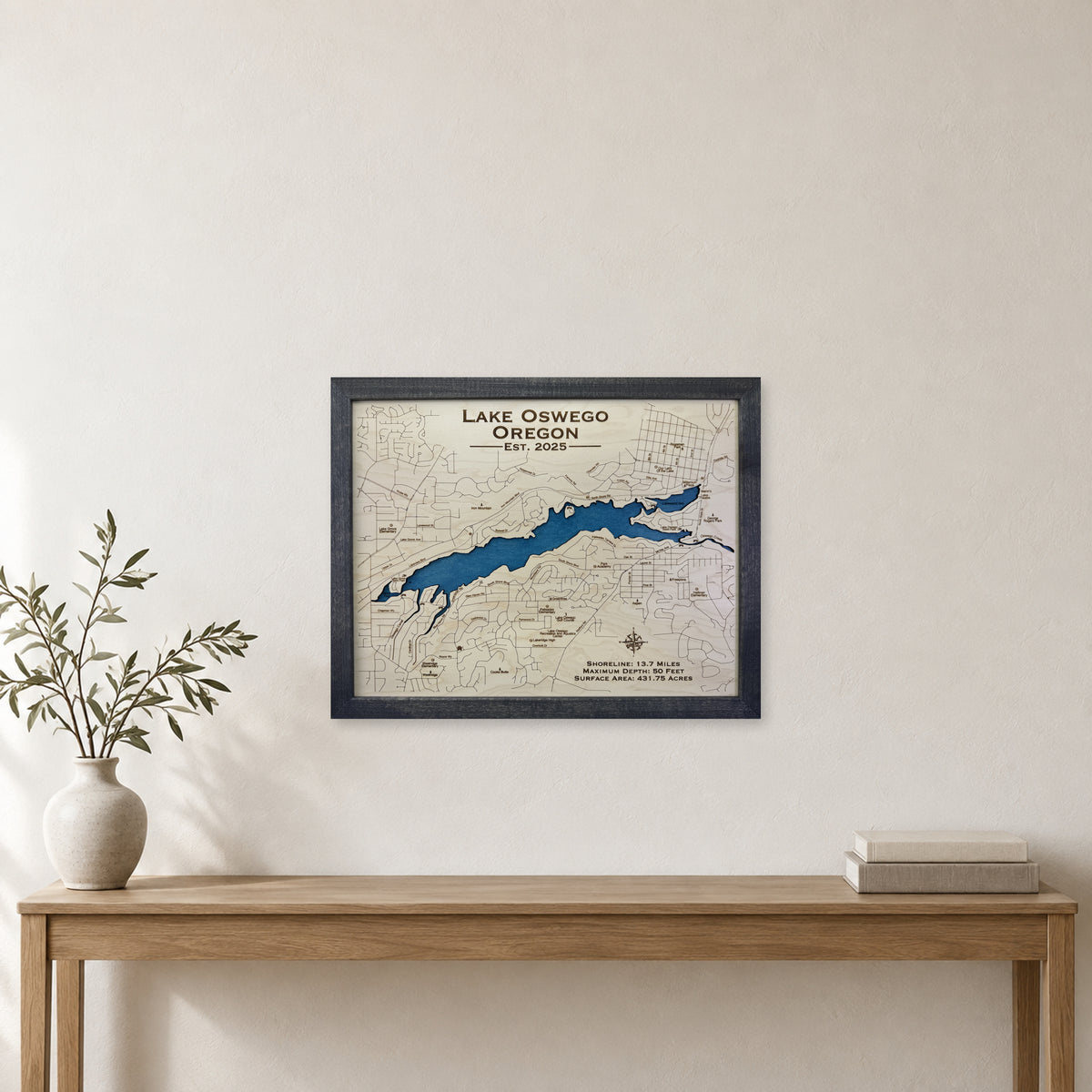 Oswego Finch wood map — single layer, staged room mockup
