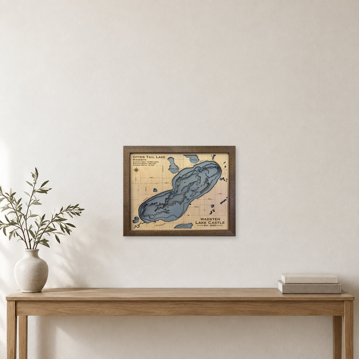 Otter Tail Wadsten wood map — multilayer, staged room mockup