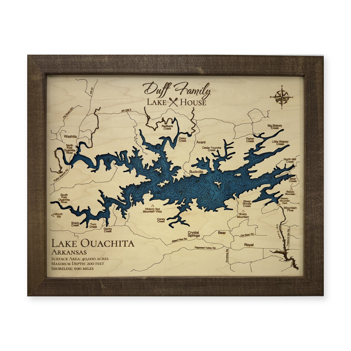 Ouachita Duff wood map — single layer with engraved contours, white background